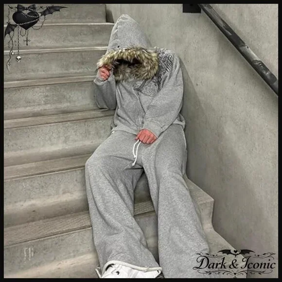Oversized Zip Up Hoodie with Faux Fur Hood, Grunge Streetwear Jacket